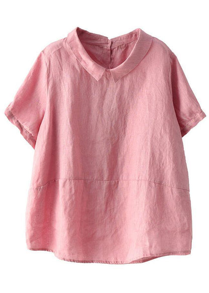 Simple Wine Red Peter Pan Collar Patchwork Summer Linen Blouses