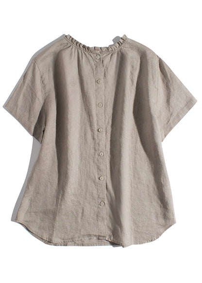 Simple Khaki Ruffled Wear on Both Sides Linen Blouses Summer