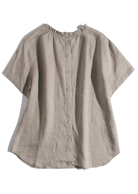 Simple Khaki Ruffled Wear on Both Sides Linen Blouses Summer