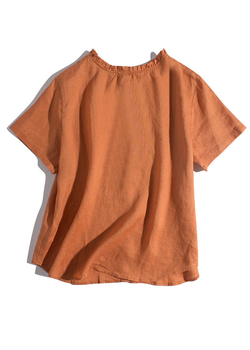 Simple Khaki Ruffled Wear on Both Sides Linen Blouses Summer