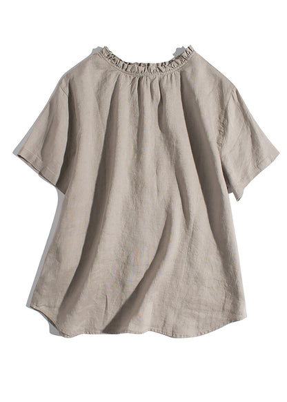Simple Khaki Ruffled Wear on Both Sides Linen Blouses Summer