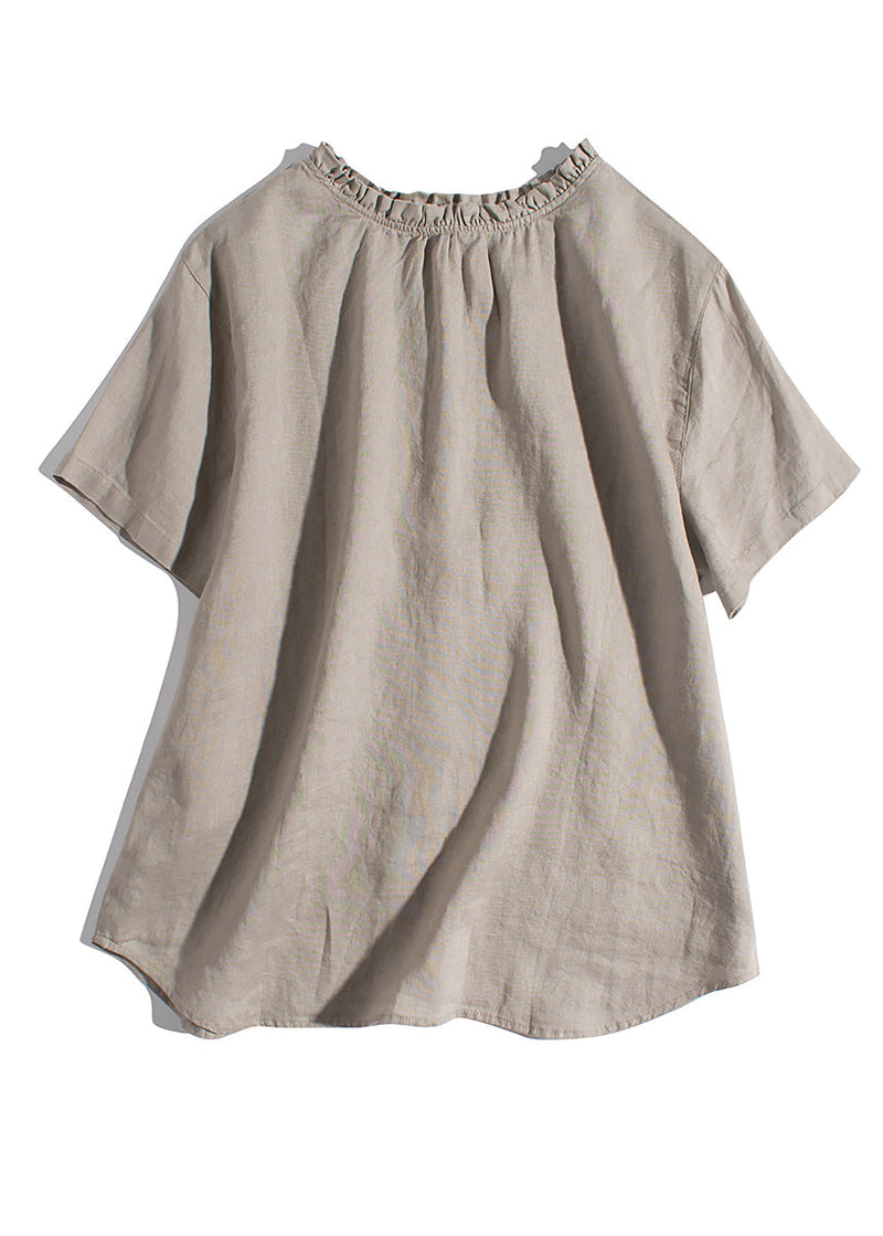 Simple Khaki Ruffled Wear on Both Sides Linen Blouses Summer