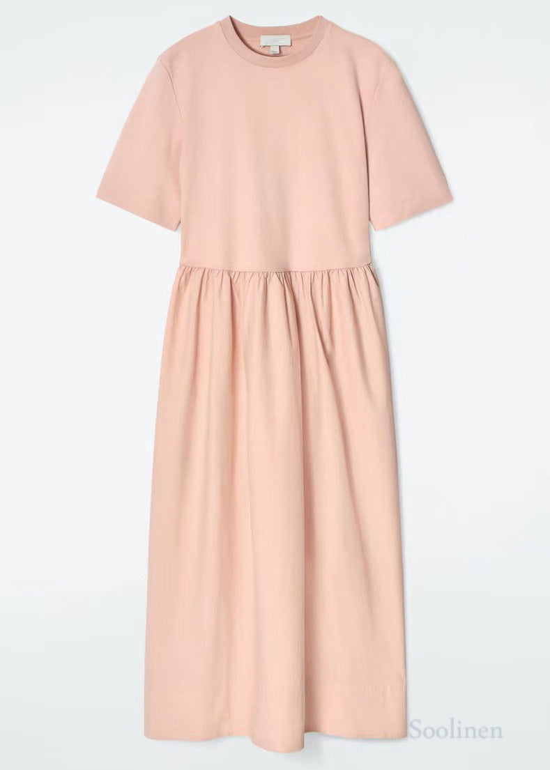 Simple Pink Silm Fit Cotton a Line Dress Summer