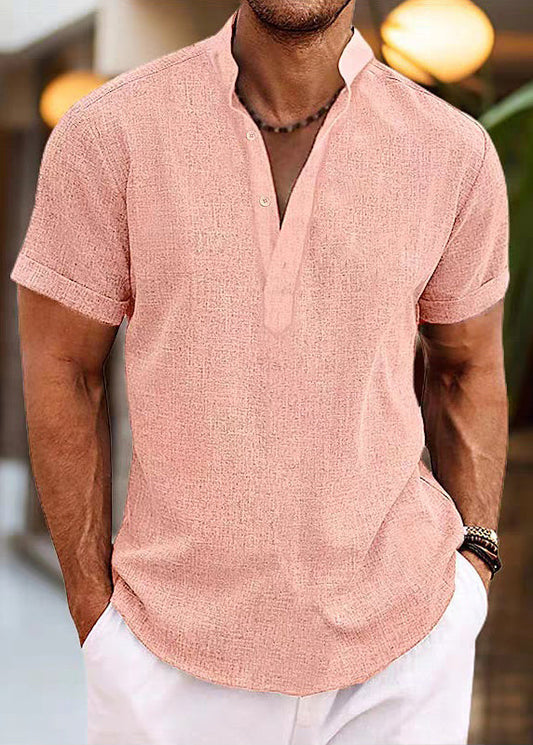 Simple Pink Stand Collar Button Cotton Shirt Summer