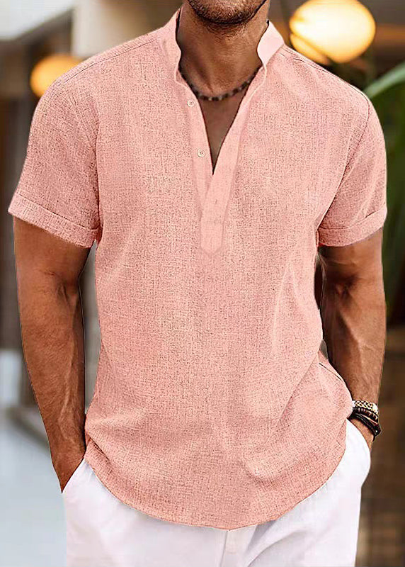 Simple Pink Stand Collar Button Cotton Shirt Summer