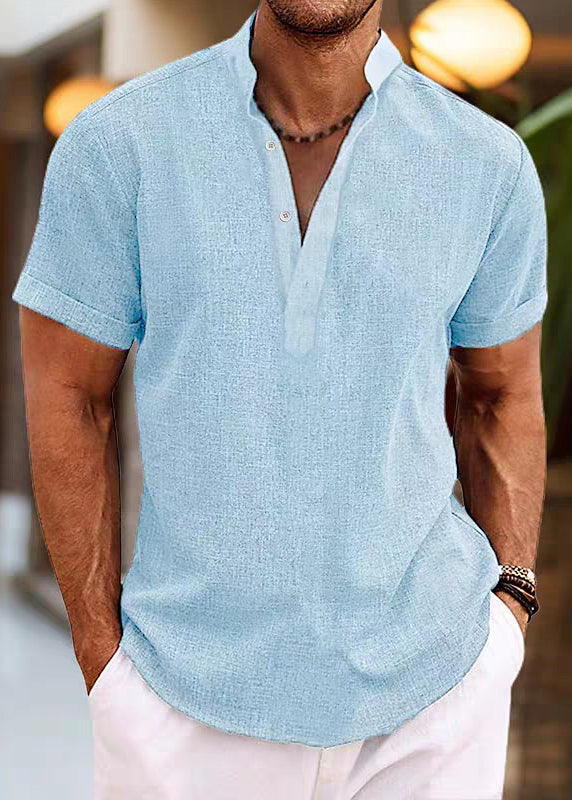 Simple Pink Stand Collar Button Cotton Shirt Summer
