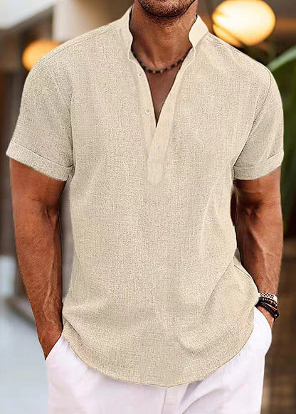 Simple Pink Stand Collar Button Cotton Shirt Summer