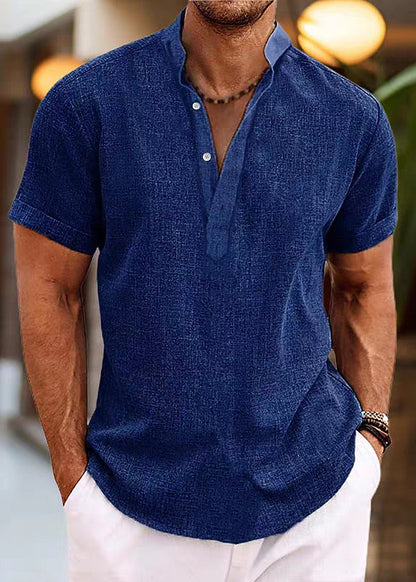 Simple Pink Stand Collar Button Cotton Shirt Summer