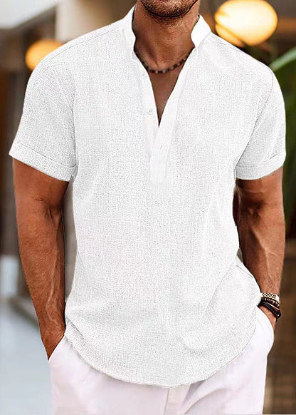 Simple Pink Stand Collar Button Cotton Shirt Summer