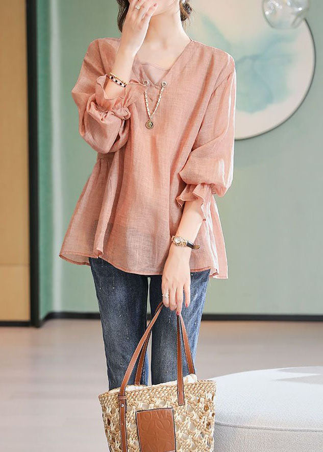 Simple Pink V Neck Spaghetti Strap and Shirts Linen 2 Piece Spring