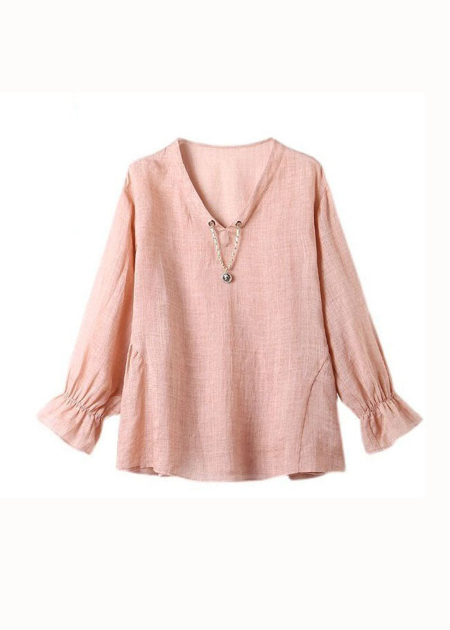 Simple Pink V Neck Spaghetti Strap and Shirts Linen 2 Piece Spring