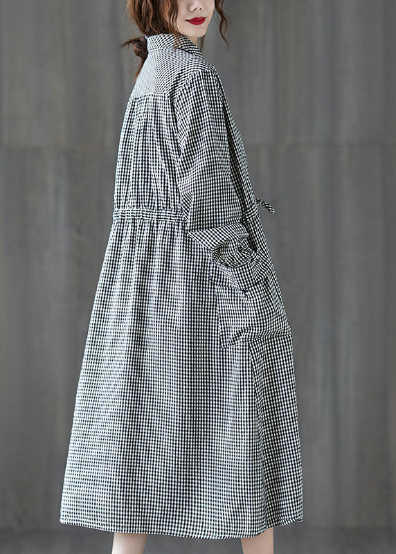 Simple Plaid Button Pockets Tie Waist Fall Party Dress Long Sleeve
