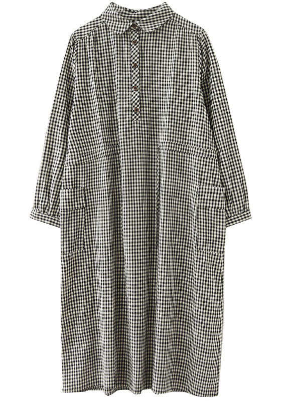 Simple Plaid Button Pockets Tie Waist Fall Party Dress Long Sleeve