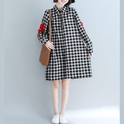 Simple Plaid Cotton Quilting Dresses Tunic Tops Lapel Embroidery Art Shirt Dress