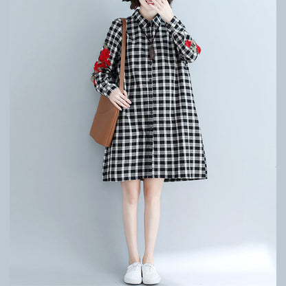 Simple Plaid Cotton Quilting Dresses Tunic Tops Lapel Embroidery Art Shirt Dress