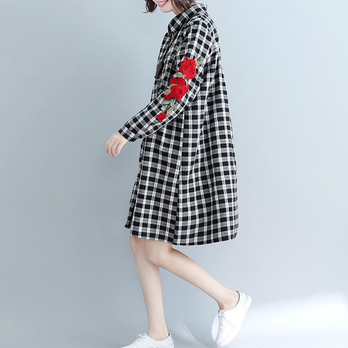 Simple Plaid Cotton Quilting Dresses Tunic Tops Lapel Embroidery Art Shirt Dress