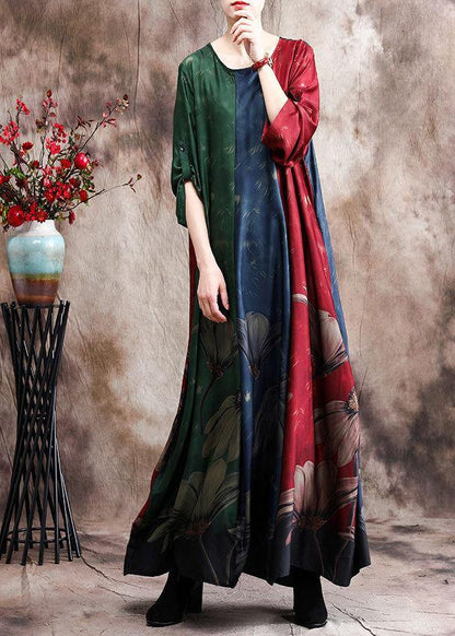 Simple Print O Neck Satin Dress Loose Spring Dresses