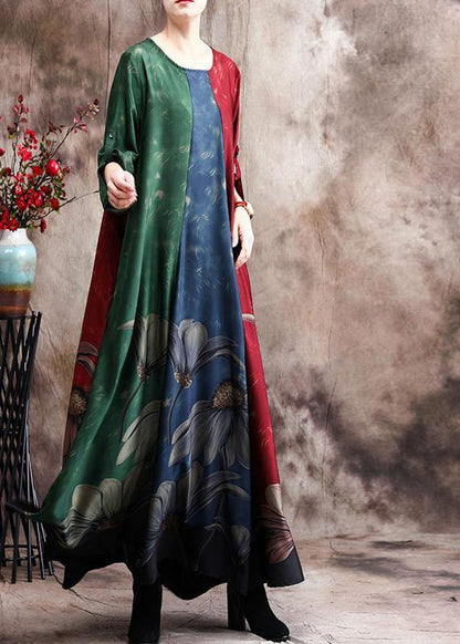 Simple Print O Neck Satin Dress Loose Spring Dresses