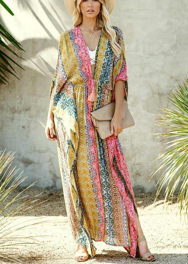 Simple Print Tie Waist Loose Kimono Robe Holiday Cotton Dress