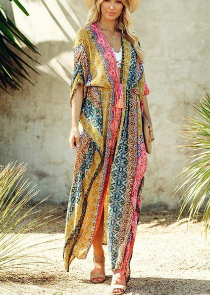 Simple Print Tie Waist Loose Kimono Robe Holiday Cotton Dress