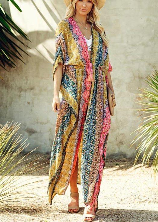 Simple Print Tie Waist Loose Kimono Robe Holiday Cotton Dress