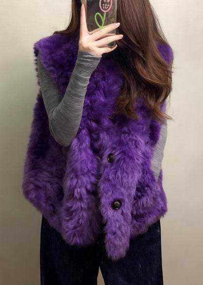 Simple Purple O Neck Button Pockets Teddy Faux Fur Waistcoat Sleeveless