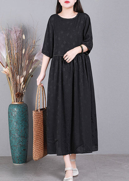 Simple Purple O-neck Patchwork Wrinkled Jacquard Silk Maxi Dress Short Sleeve