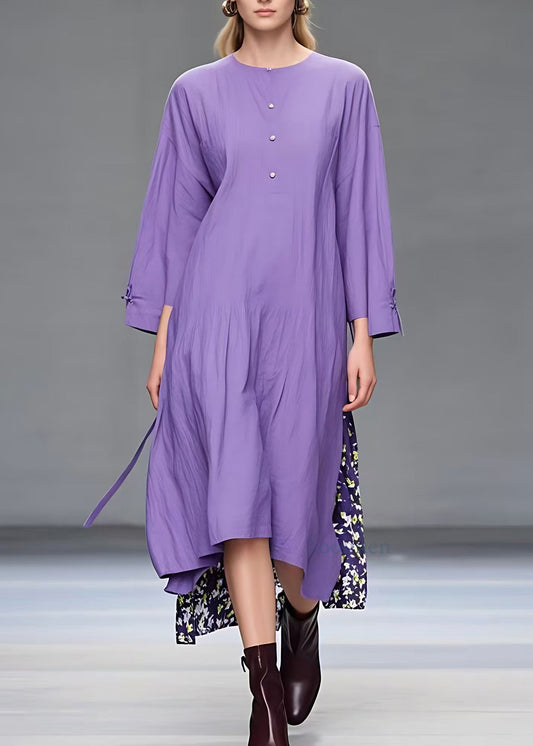 Simple Purple O-neck Print Patchwork Long Dress Fall