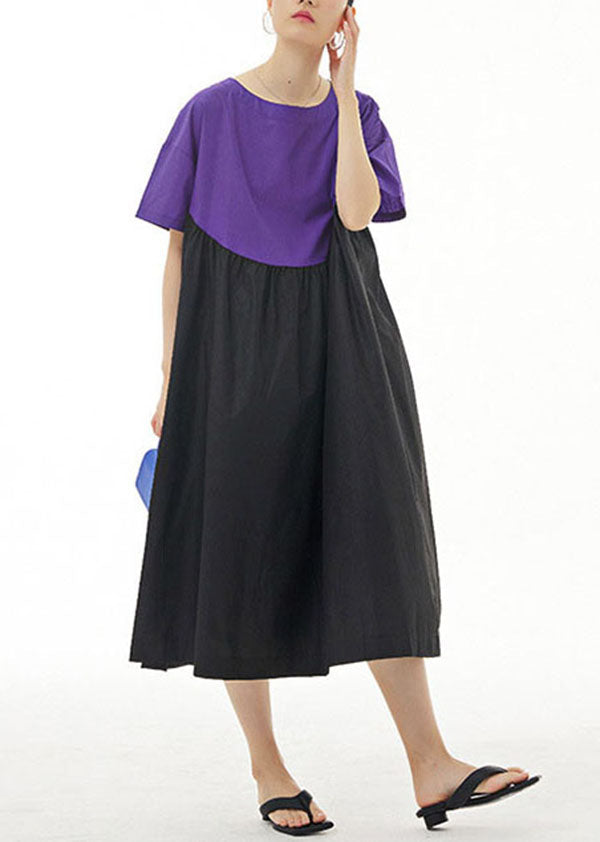 Simple Purple O Neck Wrinkled Patchwork Cotton Dresses Summer