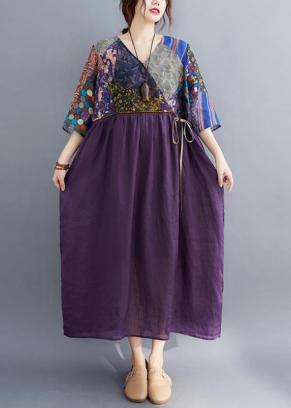 Simple Purple Print Tunic Pattern V Neck Tie Waist Loose Spring Dress