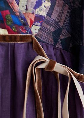 Simple Purple Print Tunic Pattern V Neck Tie Waist Loose Spring Dress