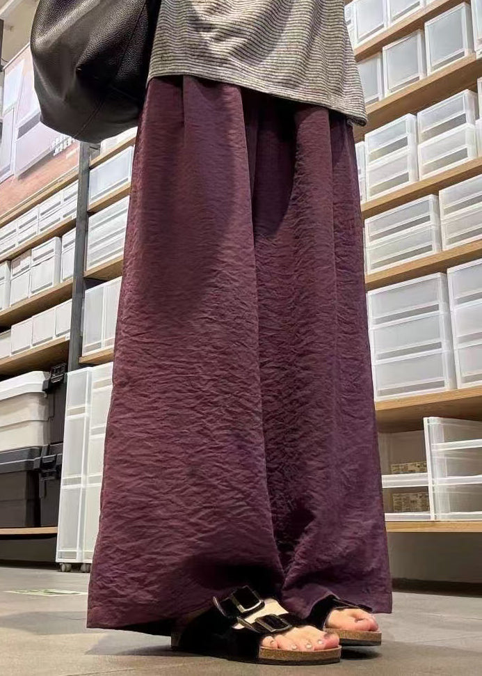 Simple Purple Elastic Waist Cotton Wide Leg Pants Fall