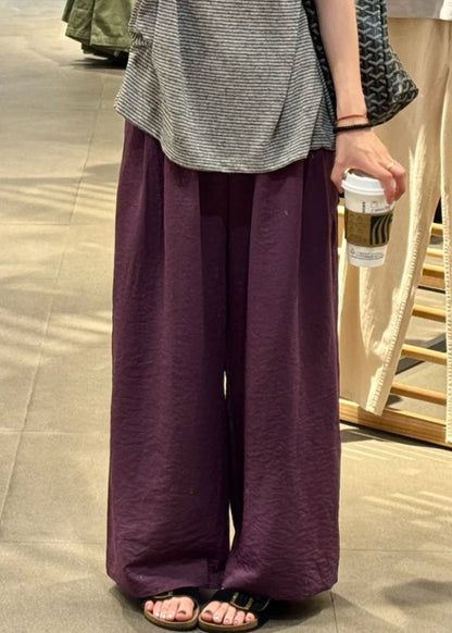 Simple Purple Elastic Waist Cotton Wide Leg Pants Fall