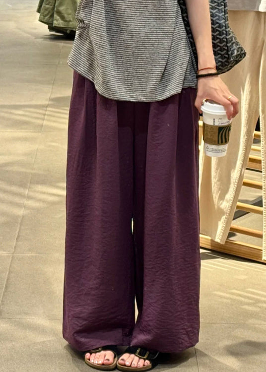 Simple Purple Elastic Waist Cotton Wide Leg Pants Fall