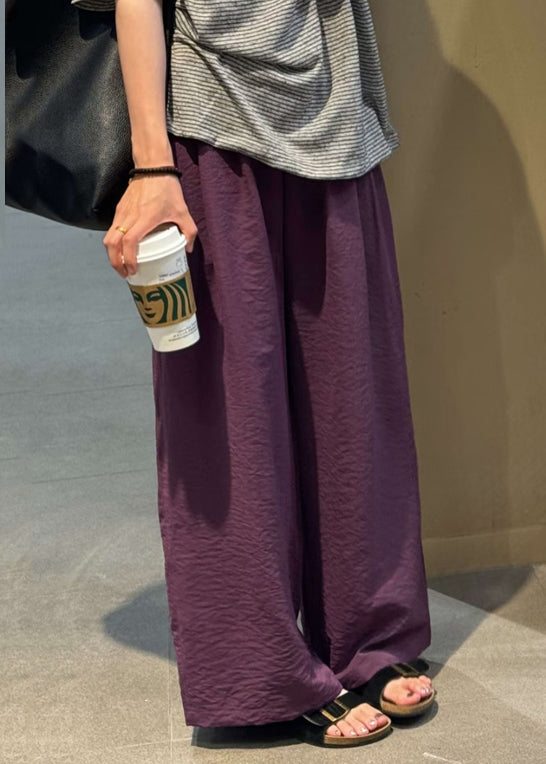 Simple Purple Elastic Waist Cotton Wide Leg Pants Fall