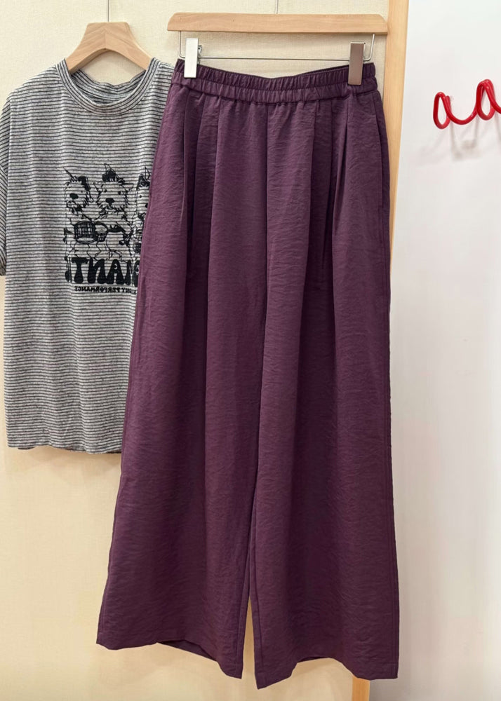 Simple Purple Elastic Waist Cotton Wide Leg Pants Fall