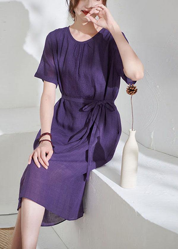 Simple Purple Tie Waist Embroideried Summer Ramie Vacation Dress