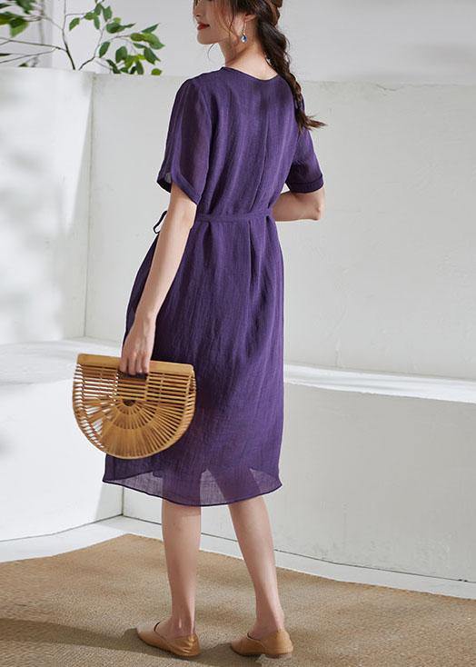 Simple Purple Tie Waist Embroideried Summer Ramie Vacation Dress