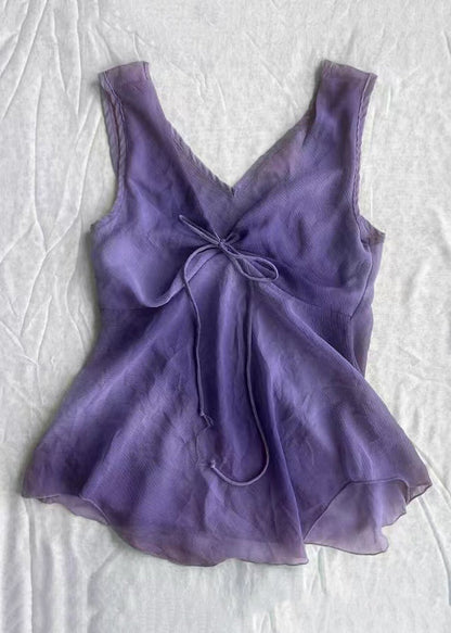 Simple Purple V Neck Lace Up Cotton Tank Sleeveless