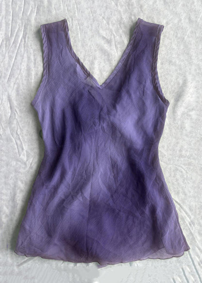 Simple Purple V Neck Lace Up Cotton Tank Sleeveless