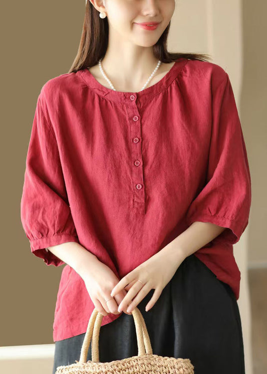 Simple Red O Neck Button Cotton Shirts Bracelet Sleeve