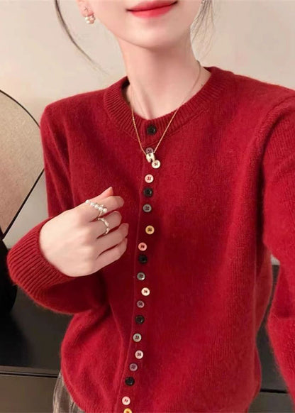 Simple Red O Neck Button Woolen Coats Spring