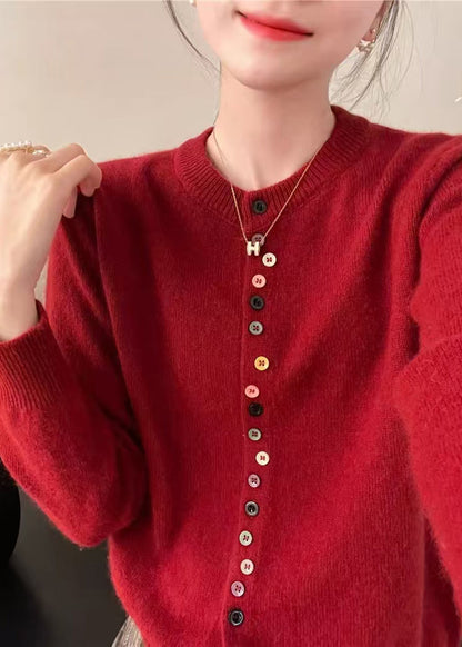 Simple Red O Neck Button Woolen Coats Spring