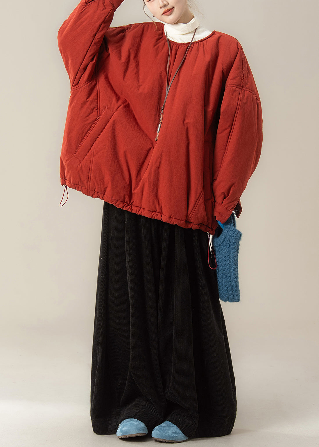 Simple Red O Neck Fine Cotton Filled Top and Pants Two Piece Set Winter