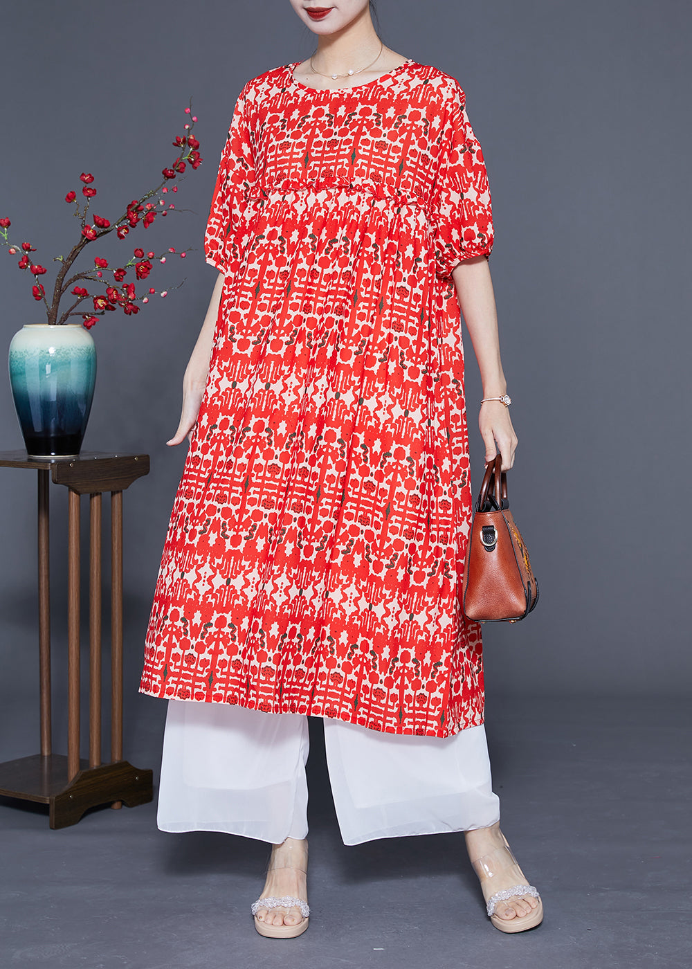 Simple Red O-neck Ruffled Print Silk Holiday Dress Summer