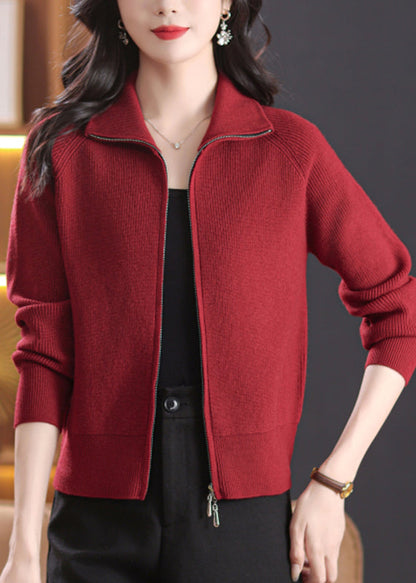 Simple Red Patchwork Knitted Cotton Coats Lantern Sleeve