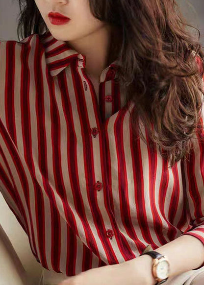 Simple Red Peter Pan Collar Striped Patchwork Chiffon Shirt Long Sleeve