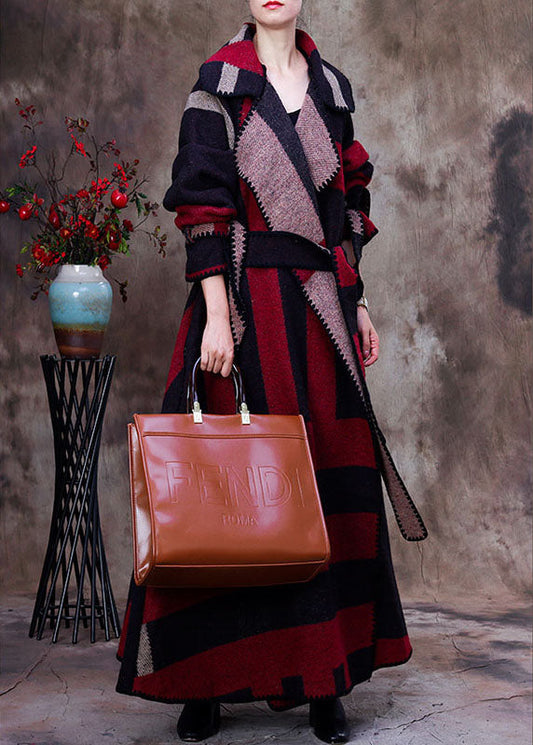 Simple Red Peterpan Collar Plaid Tie Waist Winter Woolen Long Sleeve Trench Coats
