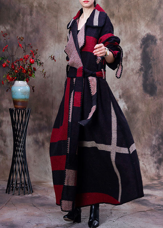 Simple Red Peterpan Collar Plaid Tie Waist Winter Woolen Long Sleeve Trench Coats