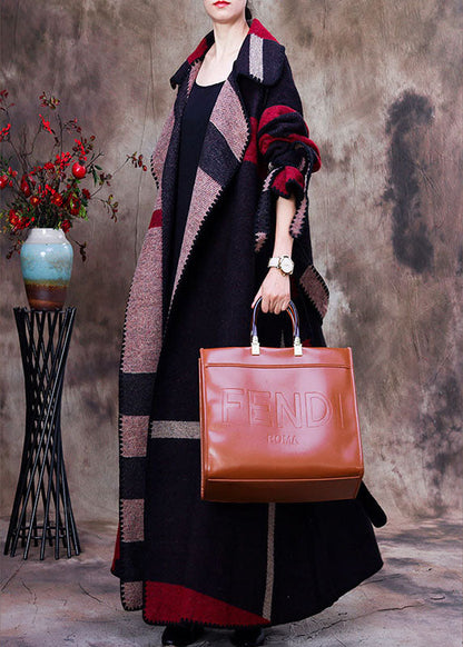 Simple Red Peterpan Collar Plaid Tie Waist Winter Woolen Long Sleeve Trench Coats